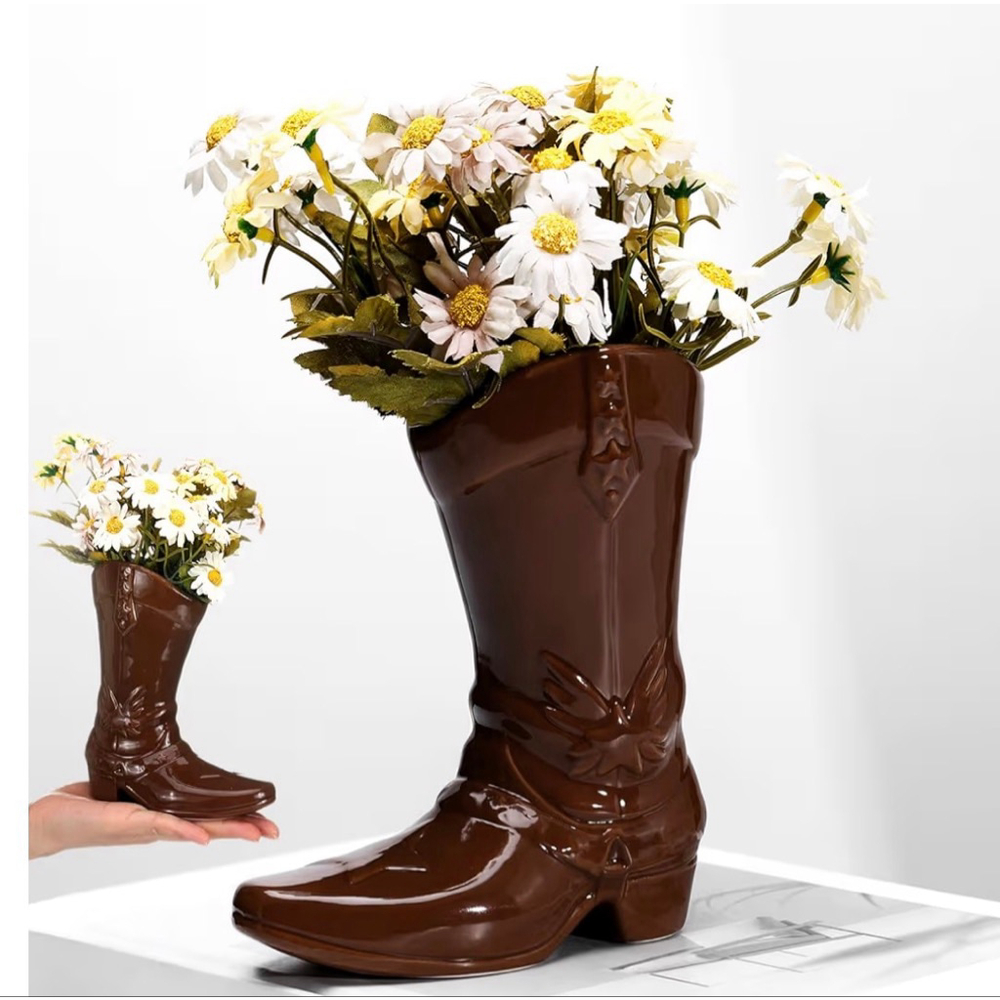 Vintage Style Ceramic Cowboy Boot Vase Brown Glossy Western Decor